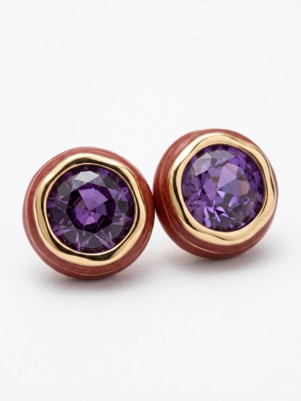 Round 14K Gold Plated Amethyst Purple Austrian Crystal Enamel Button Earrings